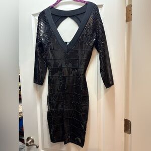 Guess by Marciano Black Sequin V-Neck Long Sleeve Bodycon Dress